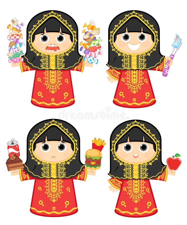 Arab girl wearing an Old Traditional dress in some Arab Gulf Countries brushing her teeth , eating Healthy food and the other one eating sweets , candies and unhealthy junk food , Vector illustration. Arab girl wearing an Old Traditional dress in some Arab Gulf Countries brushing her teeth , eating Healthy food and the other one eating sweets , candies and unhealthy junk food , Vector illustration