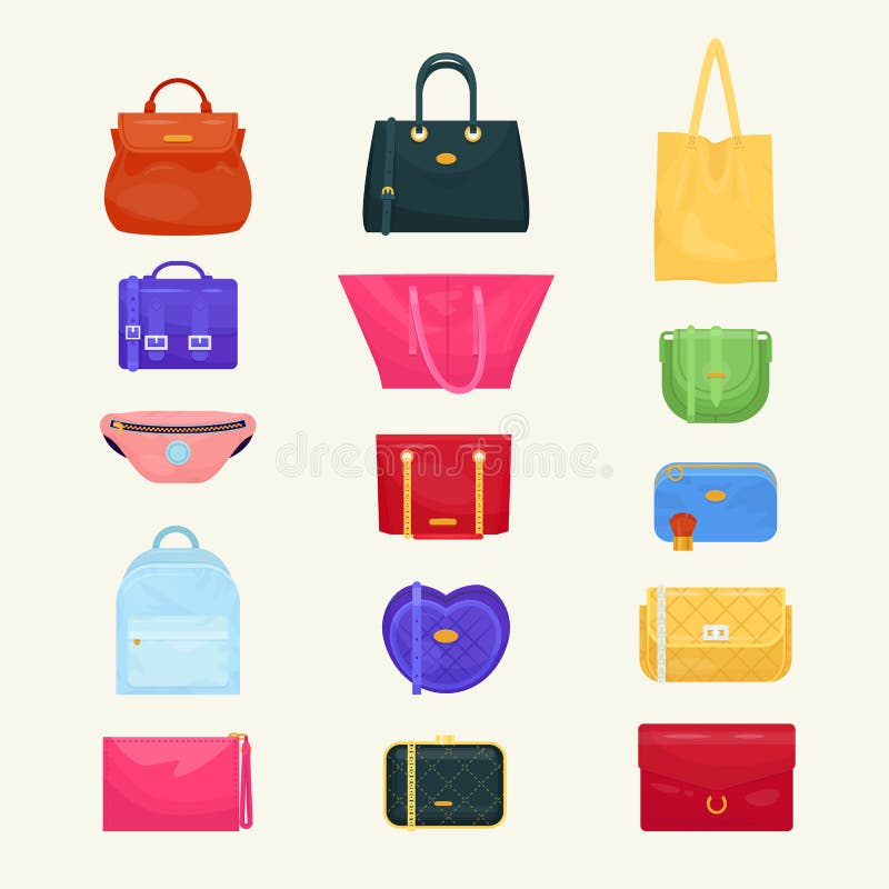 Meninas bolsa ou bolsa e saco de compras ou pacote entufado do vetor do saco da mulher do grupo da ilustração da loja da forma de