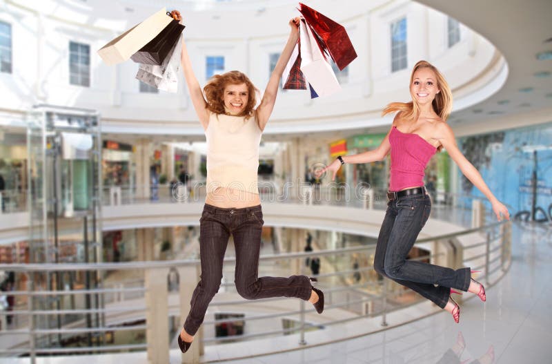 Meninas de salto no centro comercial, colagem imagens de stock Meninas de salto no centro comercial, colagem imagens de stock