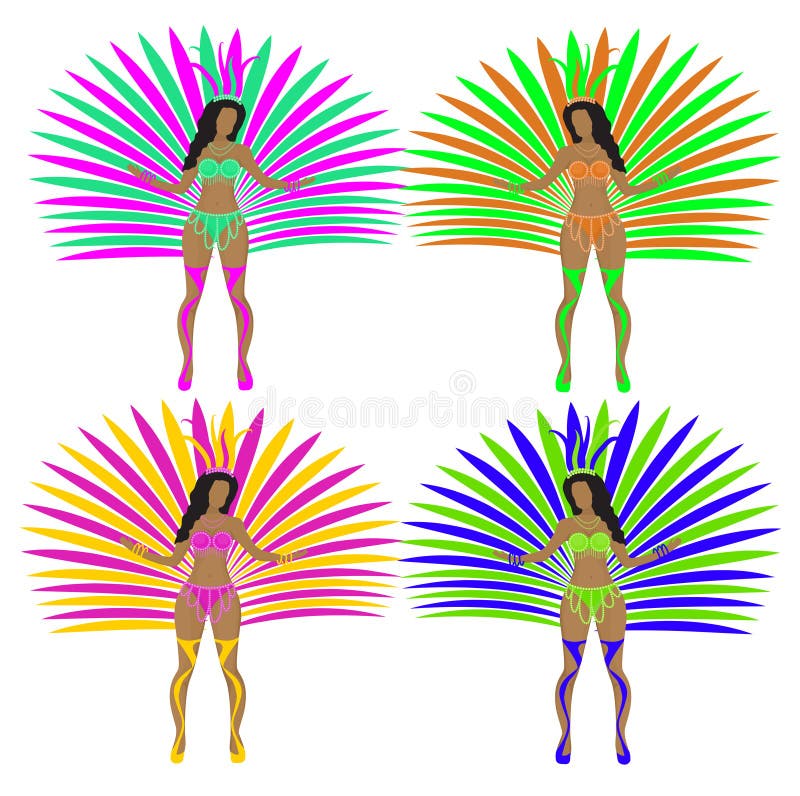 Meninas em trajes do carnaval Dançarinos brasileiros da samba Dança das mulheres de Rio de janeiro Isolado no fundo branco Vetor ilustração royalty free Meninas em trajes do carnaval Dançarinos brasileiros da samba Dança das mulheres de Rio de janeiro Isolado no fundo branco Vetor ilustração royalty free