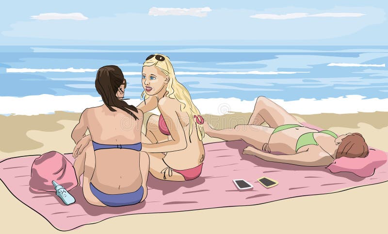 Meninas que tomam sol no litoral ilustração do vetor Meninas que tomam sol no litoral ilustração do vetor