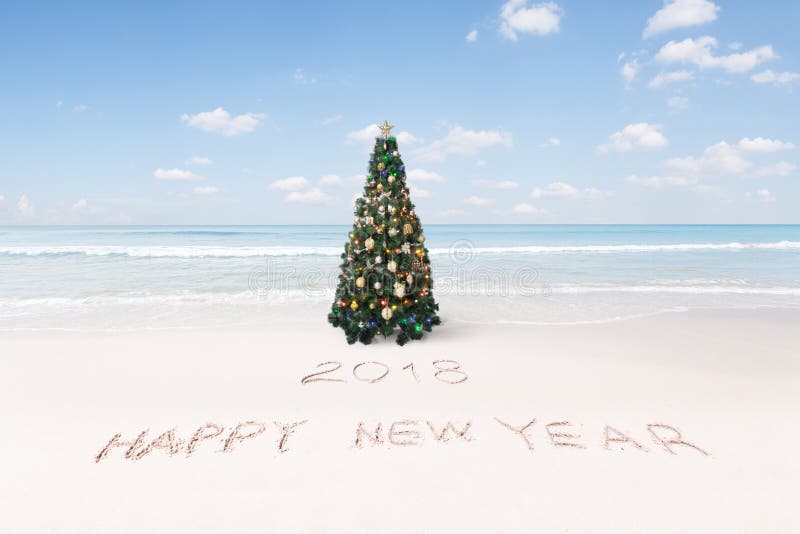 Mening van aardige Kerstmis en het nieuwe tropische strand van het jaarthema stock fotografie Mening van aardige Kerstmis en het nieuwe tropische strand van het jaarthema stock fotografie