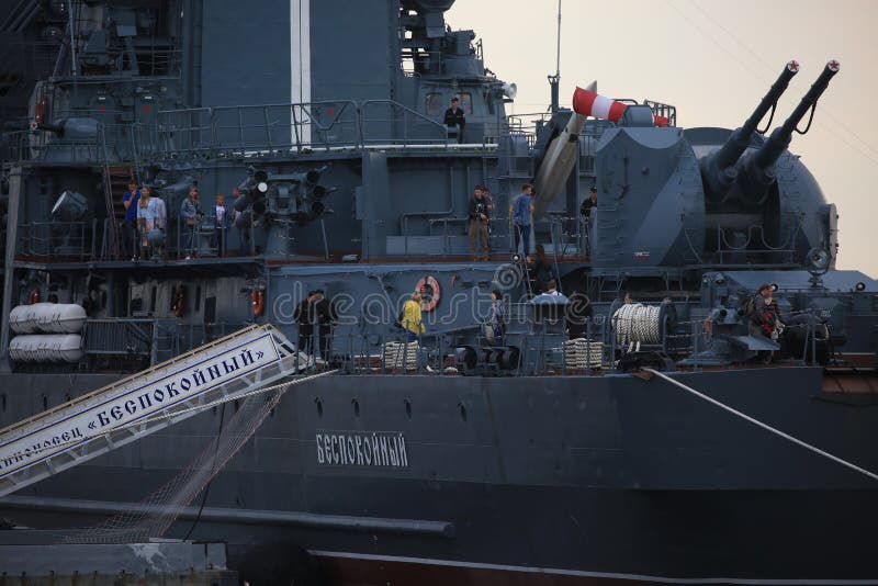 The Russian Navy. Sovremenny-class destroyer BESPOKOYNYY of the Baltic Fleet. Kronstadt, Kotlin Island. Saint-Petersburg, Russia. The Russian Navy. Sovremenny-class destroyer BESPOKOYNYY of the Baltic Fleet. Kronstadt, Kotlin Island. Saint-Petersburg, Russia