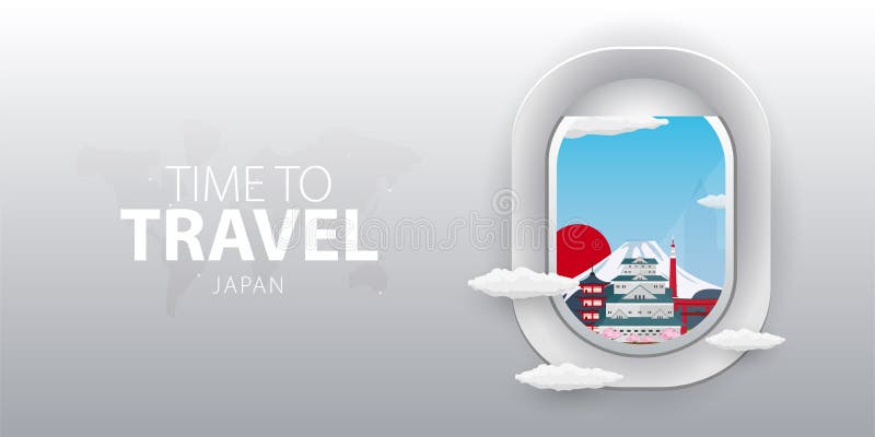 Mening van vliegtuig Vluchtvenster japan Vlakke Web vectorbanner vector illustratie Mening van vliegtuig Vluchtvenster japan Vlakke Web vectorbanner vector illustratie