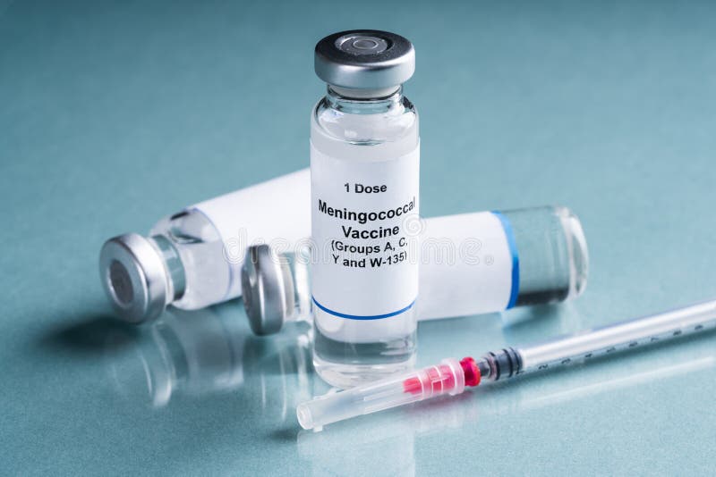 One Dose Of Meningococcal Vaccine In Vials With Syringe Over Turquoise Background. One Dose Of Meningococcal Vaccine In Vials With Syringe Over Turquoise Background