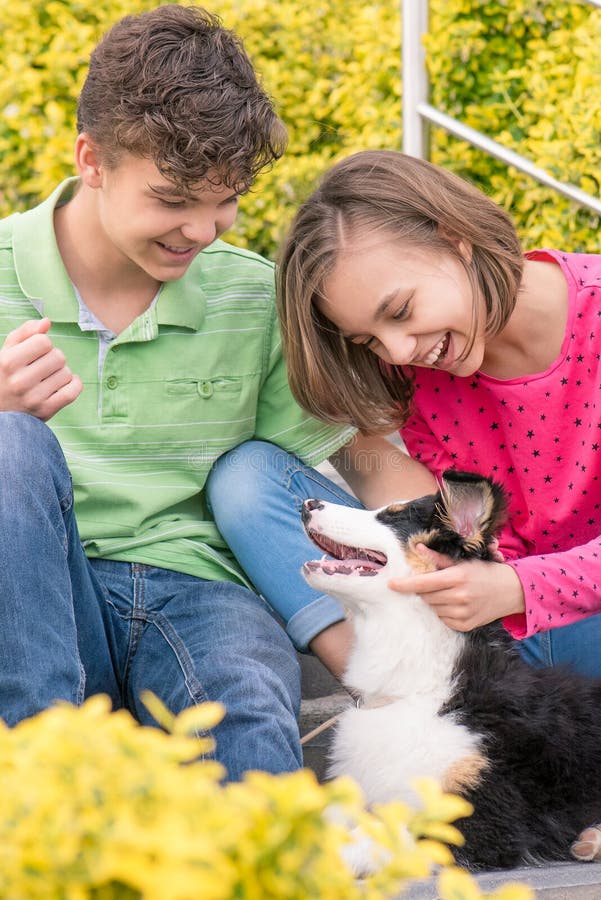 Menino adolescente e menina que jogam com cachorrinho foto de stock Menino adolescente e menina que jogam com cachorrinho foto de stock