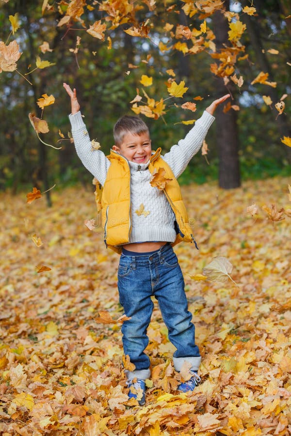 Menino adorável no parque do outono imagens de stock
