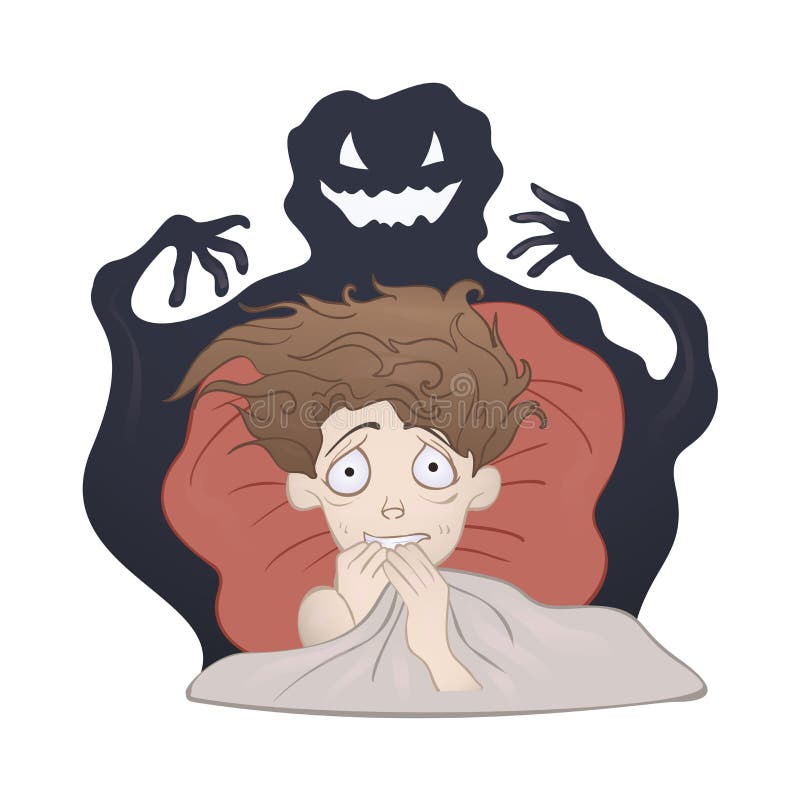 Menino amedrontado na cama e o monstro assustador da sombra Medo da obscuridade, pesadelo Ilustração do vetor, no branco ilustração stock Menino amedrontado na cama e o monstro assustador da sombra Medo da obscuridade, pesadelo Ilustração do vetor, no branco ilustração stock