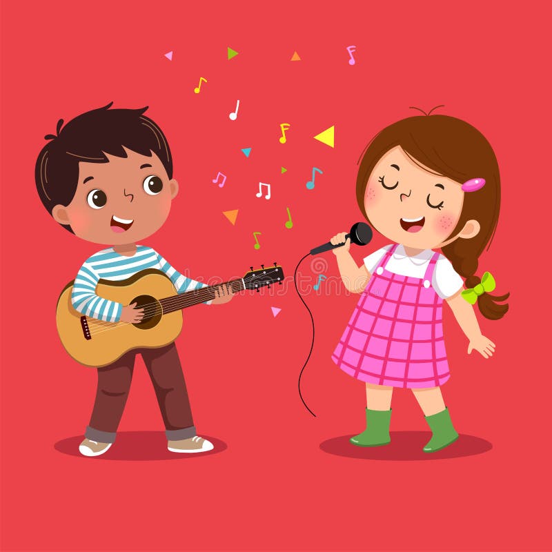 Menino bonito que joga a guitarra e a menina que cantam no fundo vermelho ilustração royalty free Menino bonito que joga a guitarra e a menina que cantam no fundo vermelho ilustração royalty free