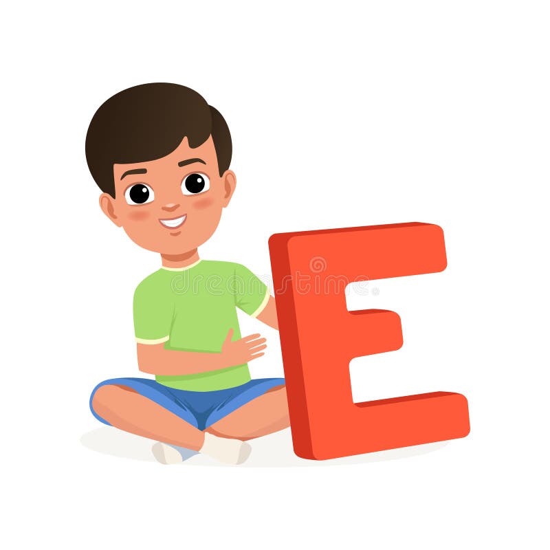 Menino bonito que senta-se com pés cruzados e que guarda a letra grande E Personagem de banda desenhada da criança Jogo educacion ilustração stock Menino bonito que senta-se com pés cruzados e que guarda a letra grande E Personagem de banda desenhada da criança Jogo educacion ilustração stock