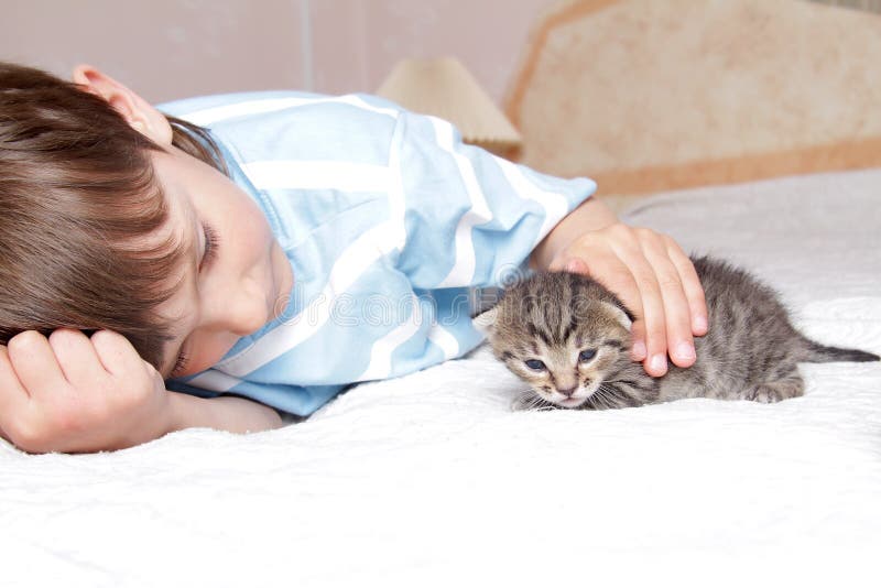 Rapaz com gatinho em casa imagem de stock royalty free