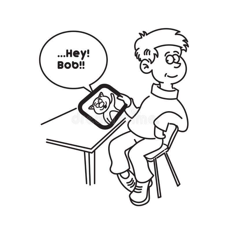 Menino com a tabuleta que senta-se em uma cadeira na tabela ilustração do vetor Menino com a tabuleta que senta-se em uma cadeira na tabela ilustração do vetor