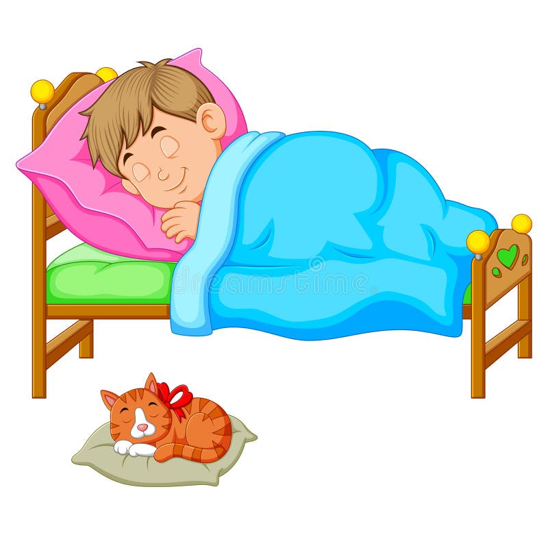 Menino de sono na cama com um gatinho