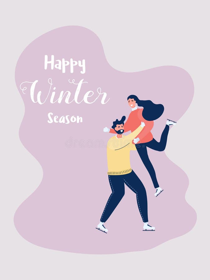 Menino doce e menina dos pares que patinam na estação do inverno Homem que aumenta sua amiga Feliz Natal e ano novo feliz ilustração do vetor Menino doce e menina dos pares que patinam na estação do inverno Homem que aumenta sua amiga Feliz Natal e ano novo feliz ilustração do vetor