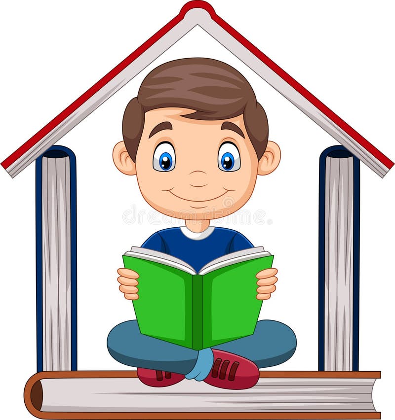 Menino dos desenhos animados que lê um livro com a pilha dos livros que formam uma casa ilustração do vetor Menino dos desenhos animados que lê um livro com a pilha dos livros que formam uma casa ilustração do vetor