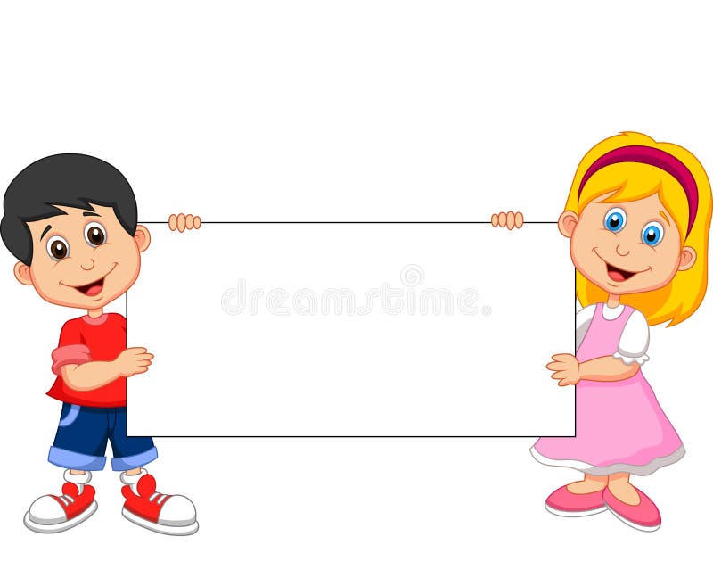 Menino e menina dos desenhos animados que guardam o sinal vazio ilustração do vetor Menino e menina dos desenhos animados que guardam o sinal vazio ilustração do vetor