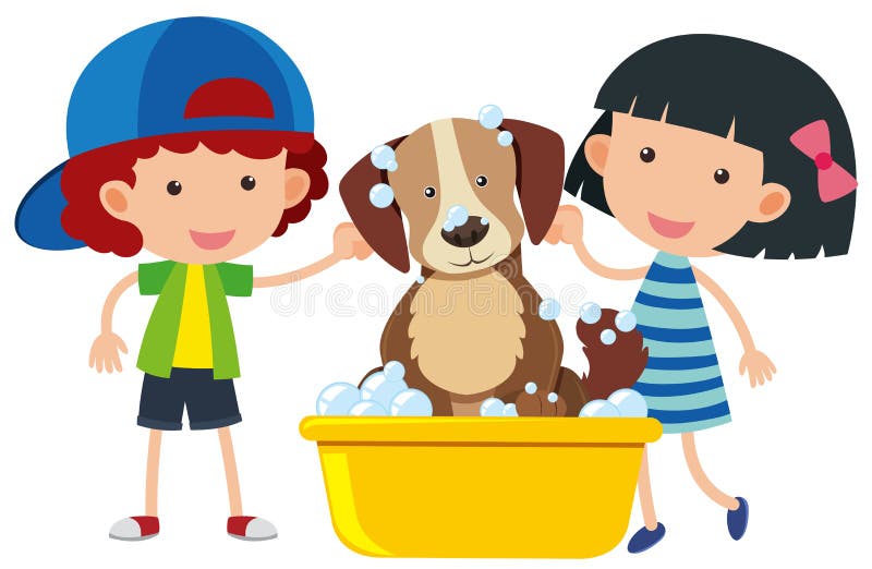 Menino e menina que dão a cão um banho ilustração do vetor Menino e menina que dão a cão um banho ilustração do vetor