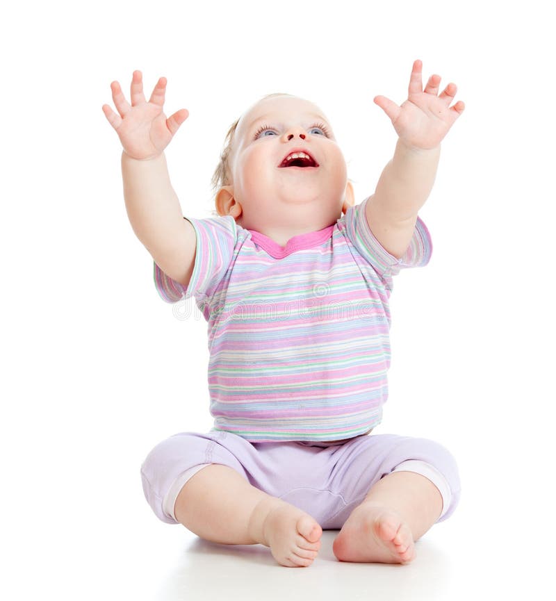 Menino feliz adorável que olha acima no branco fotografia de stock royalty free Menino feliz adorável que olha acima no branco fotografia de stock royalty free
