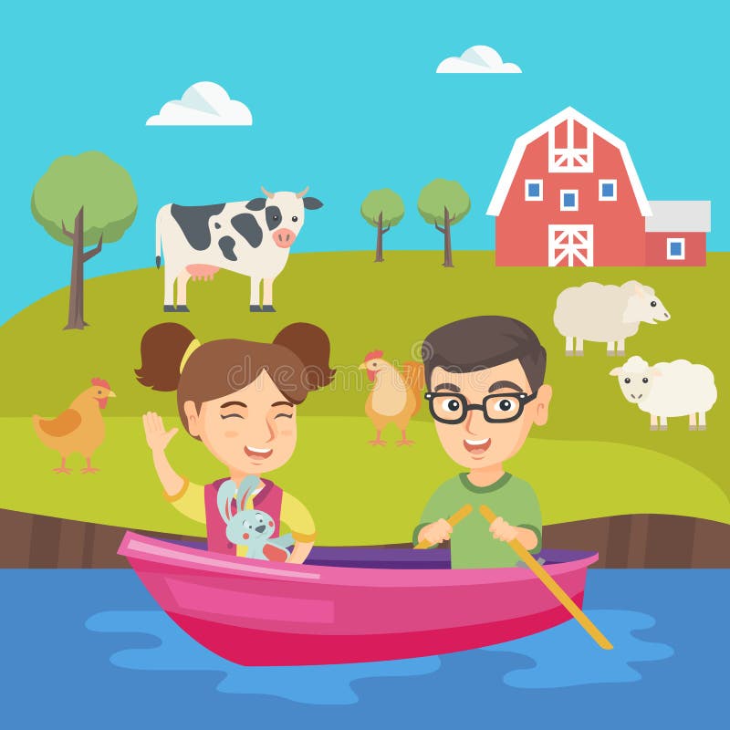 Menino feliz e menina caucasianos que viajam pelo barco ilustração stock Menino feliz e menina caucasianos que viajam pelo barco ilustração stock