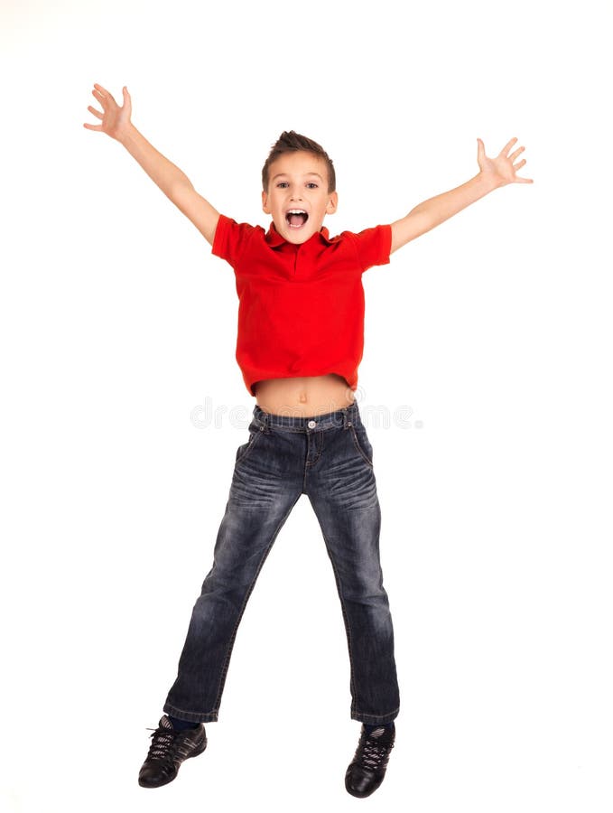 Portrait of laughing happy boy jumping with raised hands up - isolated on white background. Portrait of laughing happy boy jumping with raised hands up - isolated on white background