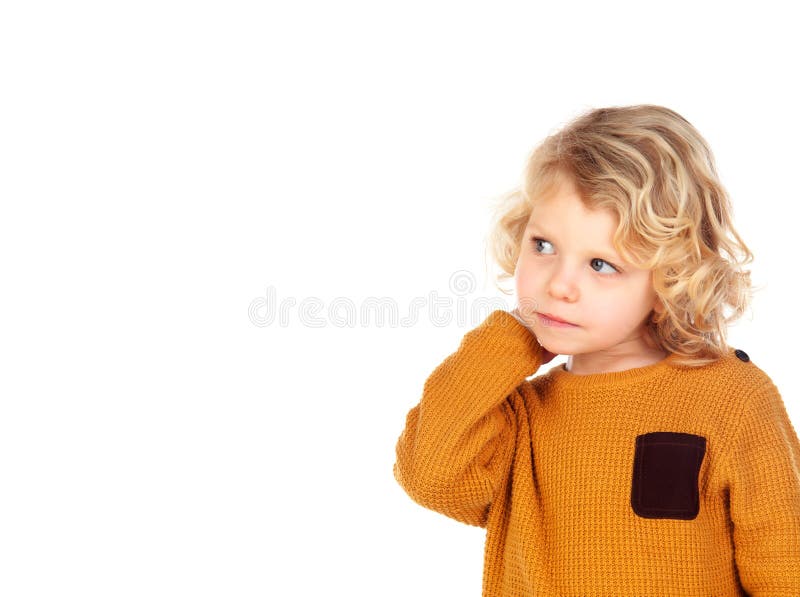 Menino pequeno triste que risca sua cabeça fotos de stock royalty free Menino pequeno triste que risca sua cabeça fotos de stock royalty free
