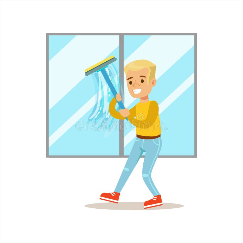Menino que lava Windows com o caráter de sorriso da criança dos desenhos animados do rodo de borracha que ajuda com tarefas domés ilustração royalty free Menino que lava Windows com o caráter de sorriso da criança dos desenhos animados do rodo de borracha que ajuda com tarefas domés ilustração royalty free