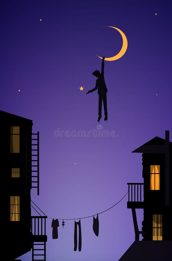 Menino que pendura a lua, sonhador na cidade, cena do conto de fadas na cidade ilustração do vetor Menino que pendura a lua, sonhador na cidade, cena do conto de fadas na cidade ilustração do vetor