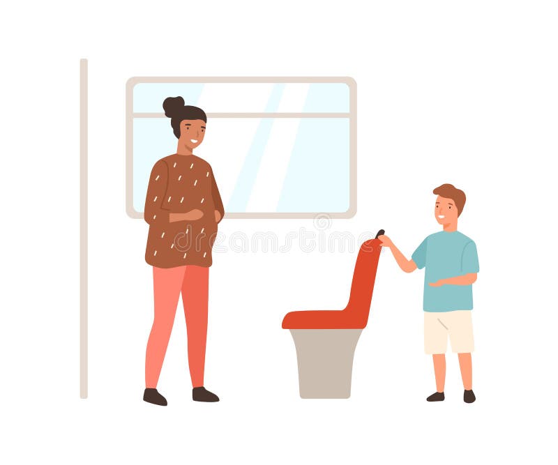 Menino sorridente e bem-educado que oferece assento no transporte público a uma ilustração plana do vetor feminino grávida. crianç