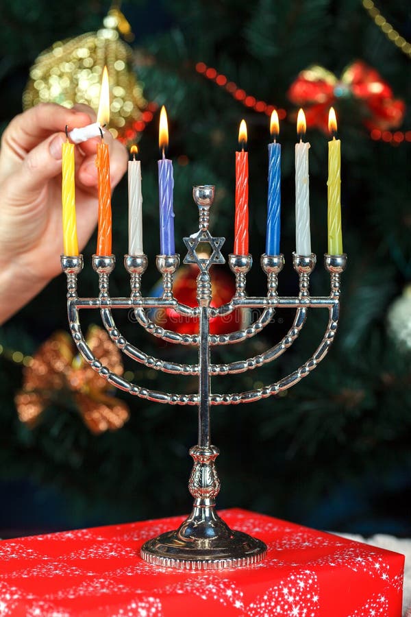 Menorah With Candles For Hanukkah On The Background Of The New Year