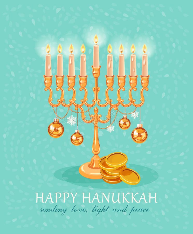 Menorah cercou pelo divertimento e dreidels, moedas e presentes coloridos ilustração do vetor Menorah cercou pelo divertimento e dreidels, moedas e presentes coloridos ilustração do vetor