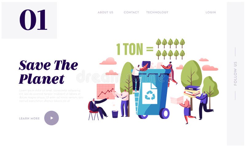 Menos papel usando la página de inicio del sitio web para detener la deforestación y cortar árboles. caracteres pequeños tiran bas stock de ilustración