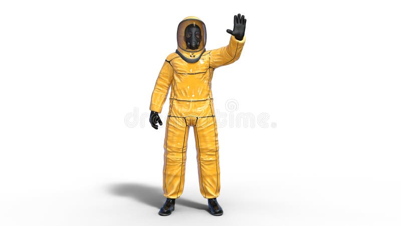 Mens in biohazard het beschermende uitrusting golven, menselijk met gasmasker gekleed in hazmatkostuum voor gifstof en 3D chemisc