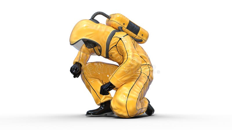 Mens in biohazard het beschermende uitrusting knielen, menselijk met gasmasker gekleed in hazmatkostuum voor gifstof en 3D chemis