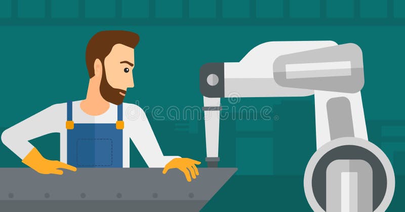 Mens die aan industrieel lassen robotachtig wapen werken vector illustratie Mens die aan industrieel lassen robotachtig wapen werken vector illustratie
