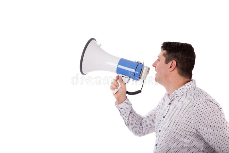 Mens die met een megafoon schreeuwen Mens die in een megafoon schreeuwen stock afbeelding Mens die met een megafoon schreeuwen Mens die in een megafoon schreeuwen stock afbeelding