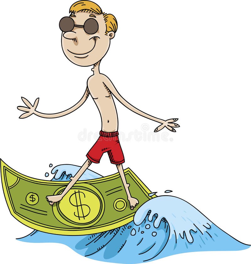 A happy cartoon man surfing a wave using a cash dollar bill as a surfboard. A happy cartoon man surfing a wave using a cash dollar bill as a surfboard.