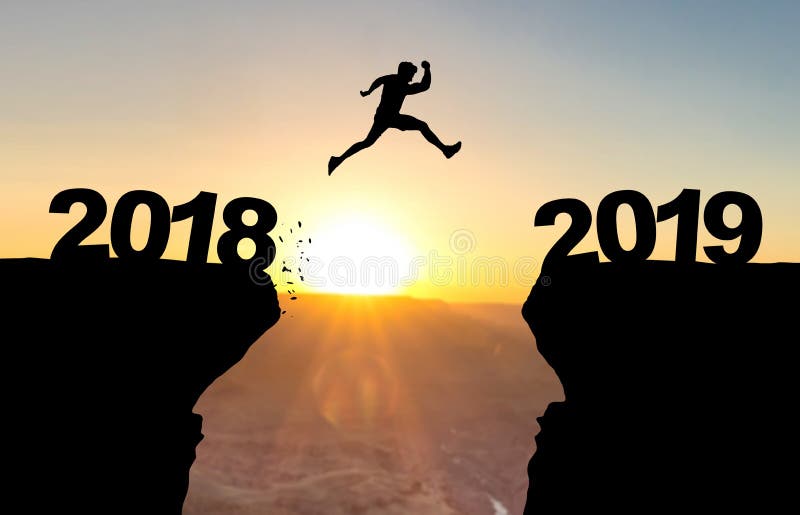 Mens die over kloof met tekst 2018/2019 springen royalty-vrije illustratie Mens die over kloof met tekst 2018/2019 springen royalty-vrije illustratie