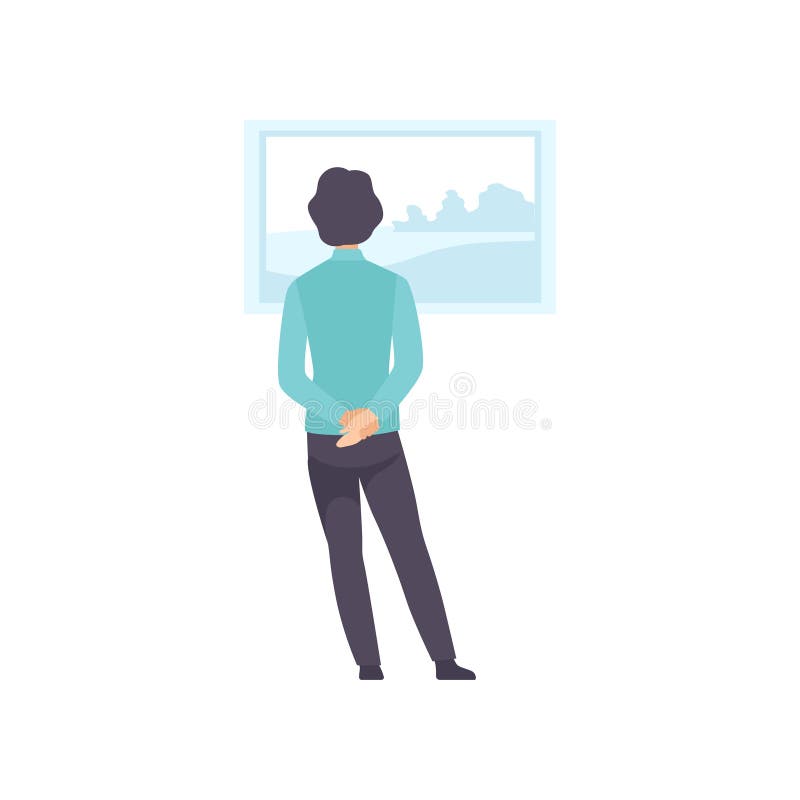 Mens die schilderen bekijken die op de muur, tentoonstellingsbezoeker het bekijken museumtentoongesteld voorwerp bij kunstgalerie stock illustratie Mens die schilderen bekijken die op de muur, tentoonstellingsbezoeker het bekijken museumtentoongesteld voorwerp bij kunstgalerie stock illustratie
