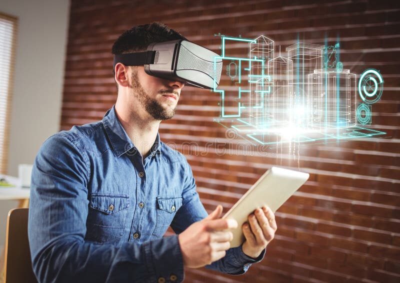 Mens die Virtuele de Werkelijkheidshoofdtelefoon van VR met Interface dragen royalty-vrije illustratie Mens die Virtuele de Werkelijkheidshoofdtelefoon van VR met Interface dragen royalty-vrije illustratie
