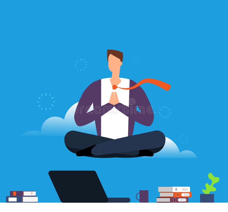 Mens die yoga en meditatie doen Zakenman het hangen in lotusbloem stelt over bureau De rust neer en vermijdt spanning in het werk vector illustratie Mens die yoga en meditatie doen Zakenman het hangen in lotusbloem stelt over bureau De rust neer en vermijdt spanning in het werk vector illustratie