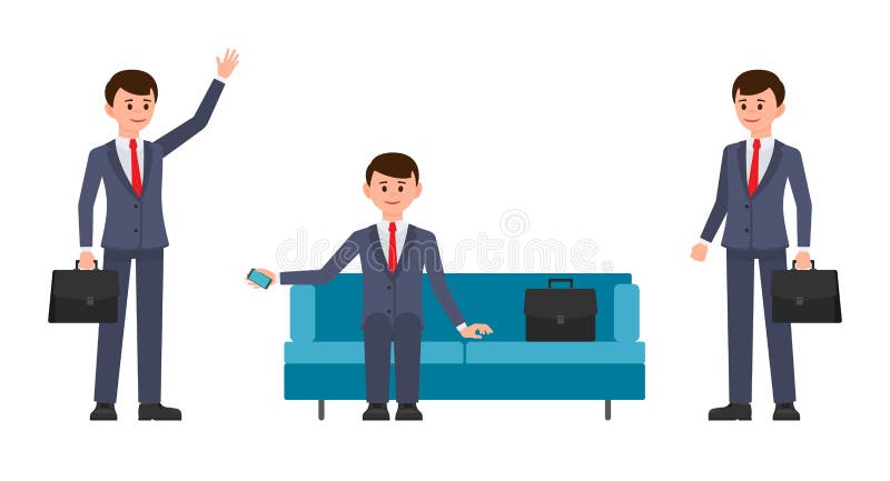 Mens, in donkerblauwe kostuumzitting op bank, holdingssmartphone Mens, met aktentas golvende hand en het glimlachen stock illustratie Mens, in donkerblauwe kostuumzitting op bank, holdingssmartphone Mens, met aktentas golvende hand en het glimlachen stock illustratie