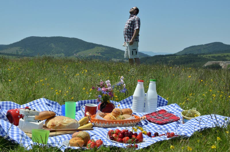 Mens en Picknick op Sunny Day stock foto Mens en Picknick op Sunny Day stock foto