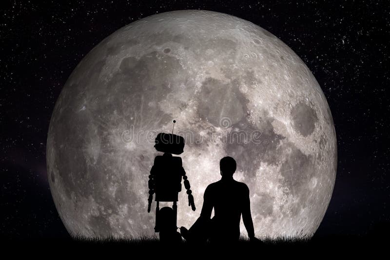 Mens en zijn robotvriend die op maan kijken Toekomstig concept, kunstmatige intelligentie