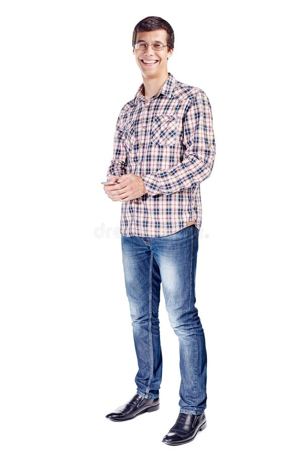 Mens het texting op telefoon volledig lichaam stock foto Mens het texting op telefoon volledig lichaam stock foto
