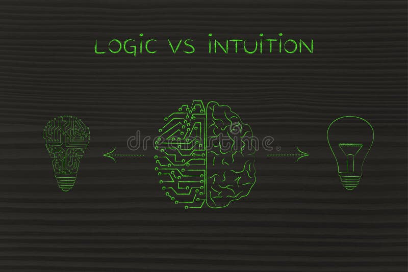 Mens & kringshersenen die verschillende ideeën, logica versus intuïtie hebben stock illustratie Mens & kringshersenen die verschillende ideeën, logica versus intuïtie hebben stock illustratie