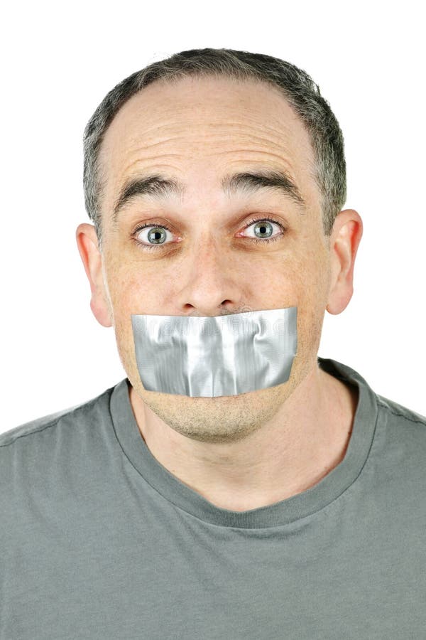 Portrait of man with duct tape over his mouth. Portrait of man with duct tape over his mouth