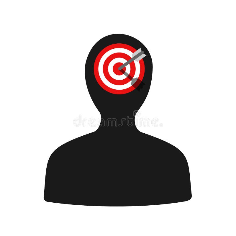 Human with target on the head - Man being killed, shot and assassinated. Strike and hit by arrow. Vector illustration isolated on white. Human with target on the head - Man being killed, shot and assassinated. Strike and hit by arrow. Vector illustration isolated on white