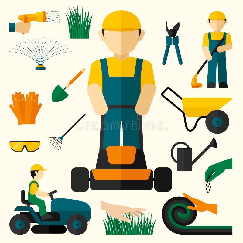 Mens met grasmaaimachine stock illustratie Mens met grasmaaimachine stock illustratie
