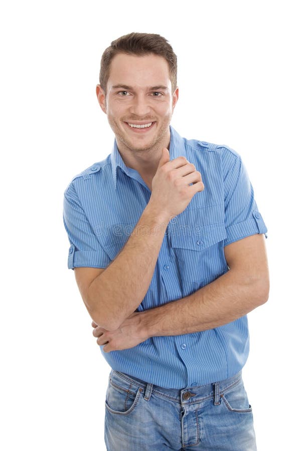 Cheerful young man with blue shirt and jeans - isolated on white. Cheerful young man with blue shirt and jeans - isolated on white