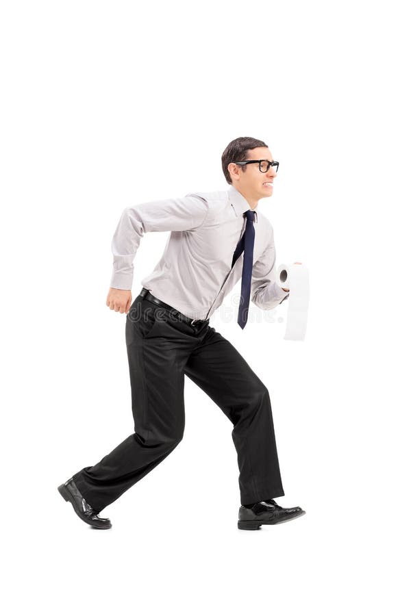 Full length portrait of a man with toilet paper rushing to a bathroom isolated on white background. Full length portrait of a man with toilet paper rushing to a bathroom isolated on white background